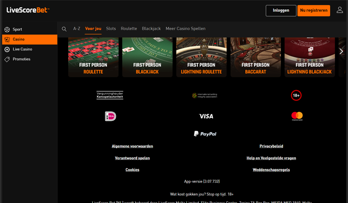 betaalopties Livescorebet Casino